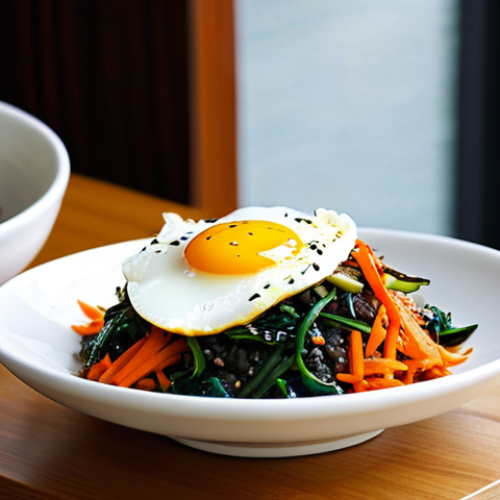 A visually stunning Bibimbap dish, presented in a traditional hot stone dolsot bowl. The bowl is filled with warm short-grain rice, meticulously topped with a vibrant array of fresh, colorful vegetables (such as spinach, julienned carrots, sliced zucchini, and mushrooms), seasoned ground beef, and a perfectly cooked fried egg with a slightly runny yolk. A dollop of red gochujang sauce sits elegantly on top. Subtle steam gently rises from the hot bowl, indicating its warmth. The dish is placed on a simple, clean wooden table in a brightly lit, modern Korean restaurant setting. The background is softly blurred, showing hints of minimalist decor and traditional Korean banchan (side dishes) in small white bowls. Professional food photography, ultra-high resolution, sharp focus on the ingredients, warm inviting lighting, appetizing, high detail, masterpiece, safe for work, appropriate content, family-friendly.