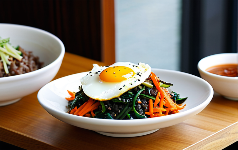 A visually stunning Bibimbap dish, presented in a traditional hot stone dolsot bowl. The bowl is filled with warm short-grain rice, meticulously topped with a vibrant array of fresh, colorful vegetables (such as spinach, julienned carrots, sliced zucchini, and mushrooms), seasoned ground beef, and a perfectly cooked fried egg with a slightly runny yolk. A dollop of red gochujang sauce sits elegantly on top. Subtle steam gently rises from the hot bowl, indicating its warmth. The dish is placed on a simple, clean wooden table in a brightly lit, modern Korean restaurant setting. The background is softly blurred, showing hints of minimalist decor and traditional Korean banchan (side dishes) in small white bowls. Professional food photography, ultra-high resolution, sharp focus on the ingredients, warm inviting lighting, appetizing, high detail, masterpiece, safe for work, appropriate content, family-friendly.