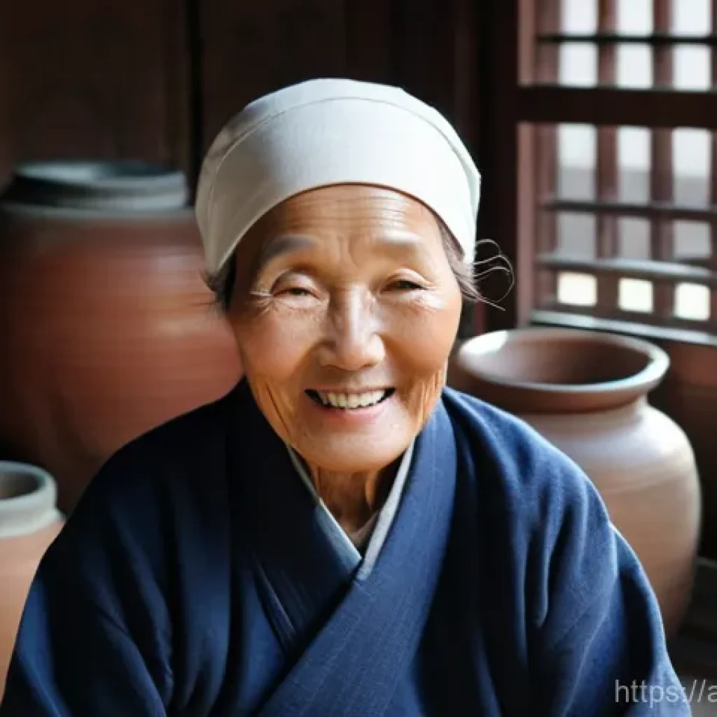 된장의 역사 - **A Traditional Doenjang Artisan's Craft:** A serene, close-up portrait of an elderly Korean wom...