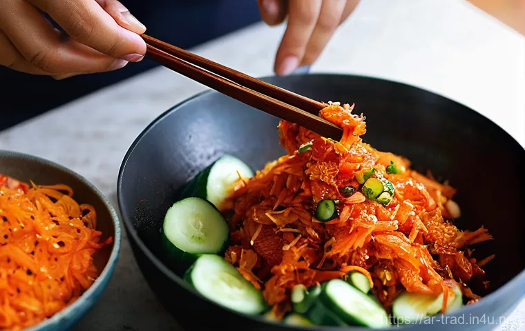 전통김치의 종류 - **Prompt 2: Bold & Textured Radish Kimchis in a Traditional Setting** A rustic, warm-toned kitch...