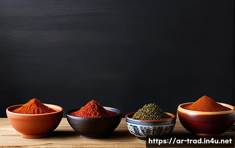 고추장의 종류와 특징 - A vibrant, traditional Korean kitchen scene featuring a wooden table set with various bowls of 고추장 (...