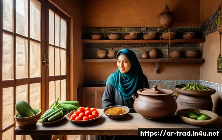 된장 효능 - A vibrant Middle Eastern kitchen scene showcasing a traditional clay pot of fermented soybean paste ...