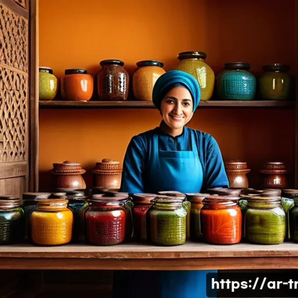 전통 발효식품 - A vibrant Middle Eastern kitchen scene showcasing a traditional fermentation setup: earthenware pots...