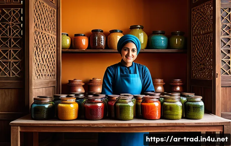 전통 발효식품 - A vibrant Middle Eastern kitchen scene showcasing a traditional fermentation setup: earthenware pots...