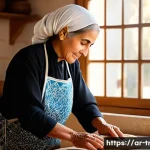 전통식품의 제조 기술 - A warm, rustic Middle Eastern kitchen scene showing an elderly woman wearing traditional modest clot...