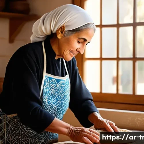 전통식품의 제조 기술 - A warm, rustic Middle Eastern kitchen scene showing an elderly woman wearing traditional modest clot...