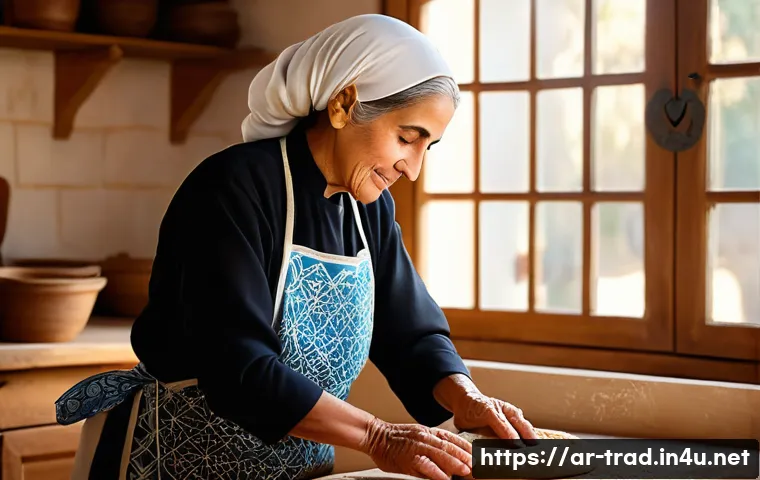 전통식품의 제조 기술 - A warm, rustic Middle Eastern kitchen scene showing an elderly woman wearing traditional modest clot...