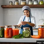 전통 발효식품 제조법 - A vibrant, detailed kitchen scene showcasing an Arabic woman preparing traditional fermented foods s...