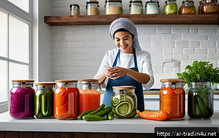 전통 발효식품 제조법 - A vibrant, detailed kitchen scene showcasing an Arabic woman preparing traditional fermented foods s...