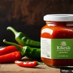 고추장 효능 - A vibrant, close-up shot of a traditional Korean hot pepper sauce jar surrounded by fresh red chili ...