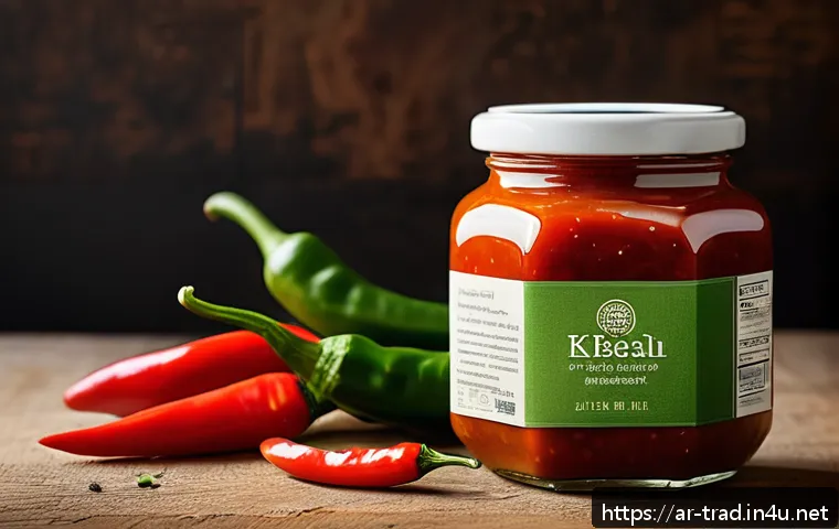 고추장 효능 - A vibrant, close-up shot of a traditional Korean hot pepper sauce jar surrounded by fresh red chili ...