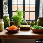 발효식품의 유산균 효과 - A vibrant Middle Eastern kitchen scene featuring a traditional wooden table set with various ferment...