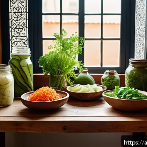 발효식품의 유산균 효과 - A vibrant Middle Eastern kitchen scene featuring a traditional wooden table set with various ferment...