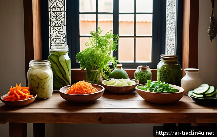 발효식품의 유산균 효과 - A vibrant Middle Eastern kitchen scene featuring a traditional wooden table set with various ferment...