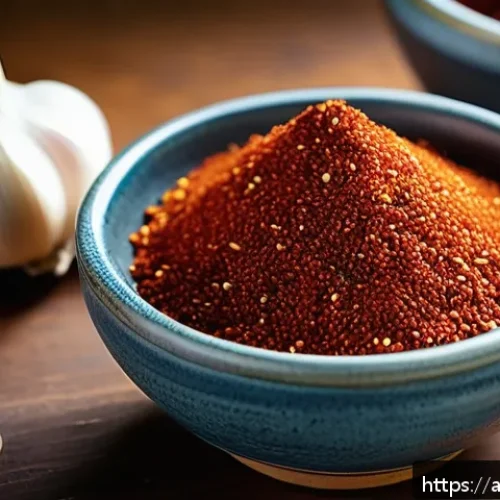 전통 장류 - A vibrant Korean kitchen scene featuring a rustic wooden table with traditional Korean spices promin...