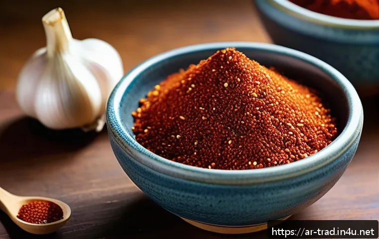 전통 장류 - A vibrant Korean kitchen scene featuring a rustic wooden table with traditional Korean spices promin...