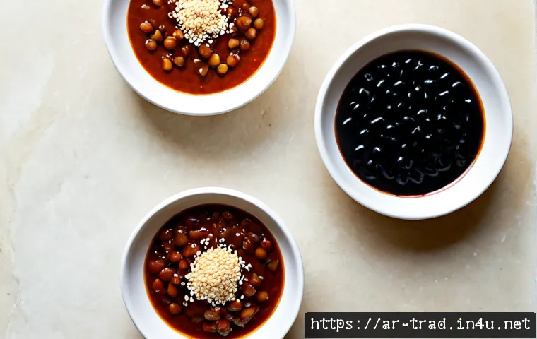 장류의 영양학적 특징 - Photorealistic overhead still life of three small ceramic bowls containing fermented soybean paste, ...