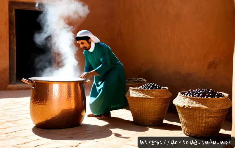 전통식품의 제조 과정 - Photorealistic traditional Arabic date syrup production, a Middle Eastern artisan in modest long-sle...